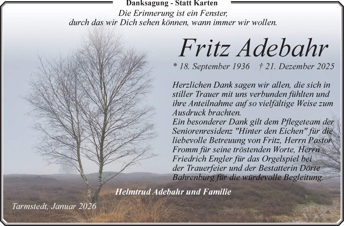 Traueranzeige von Fritz Adebahr von Wuemme Zeitung