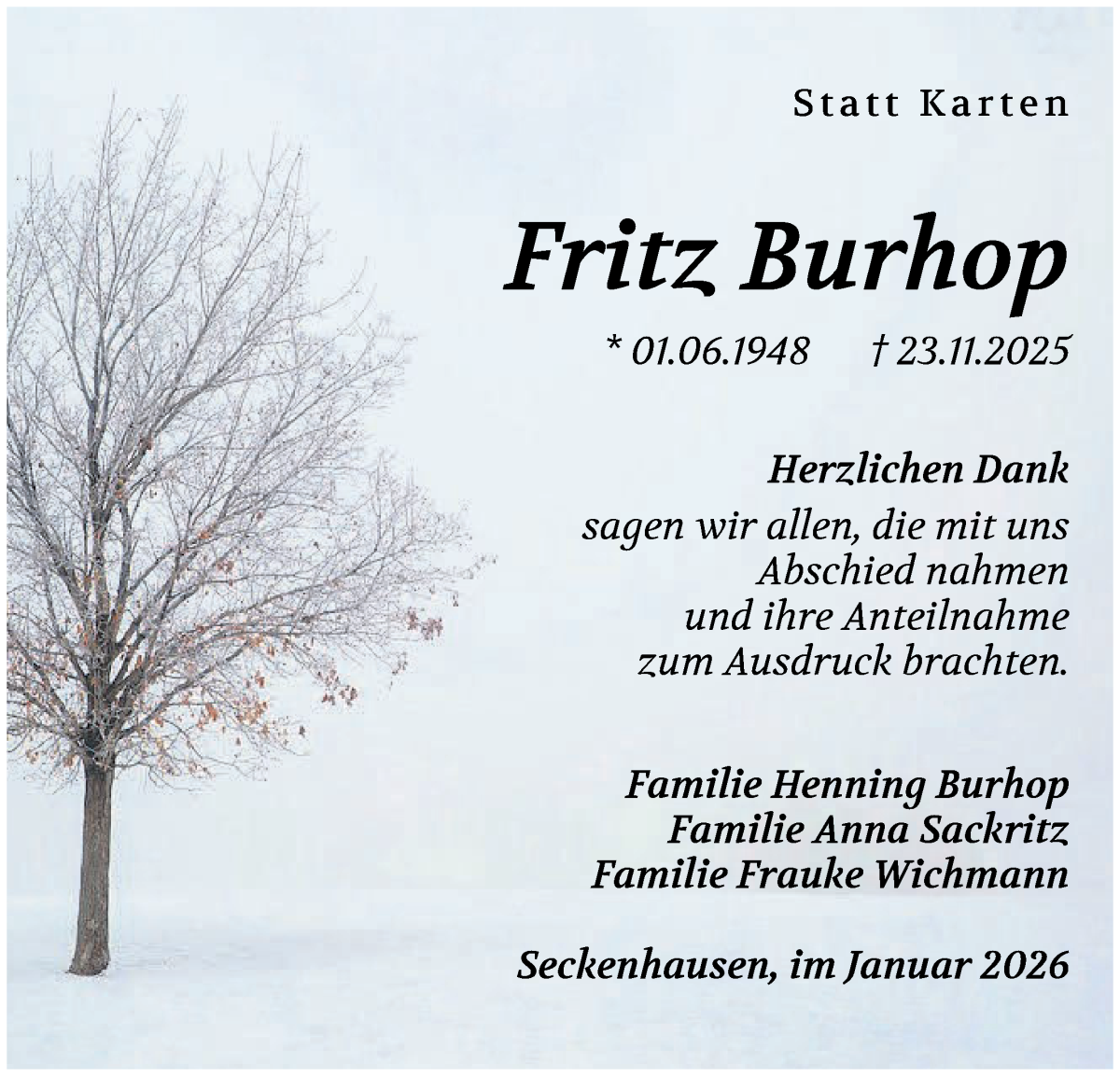 Traueranzeige von Fritz Burhop von Regionale Rundschau/Syker Kurier