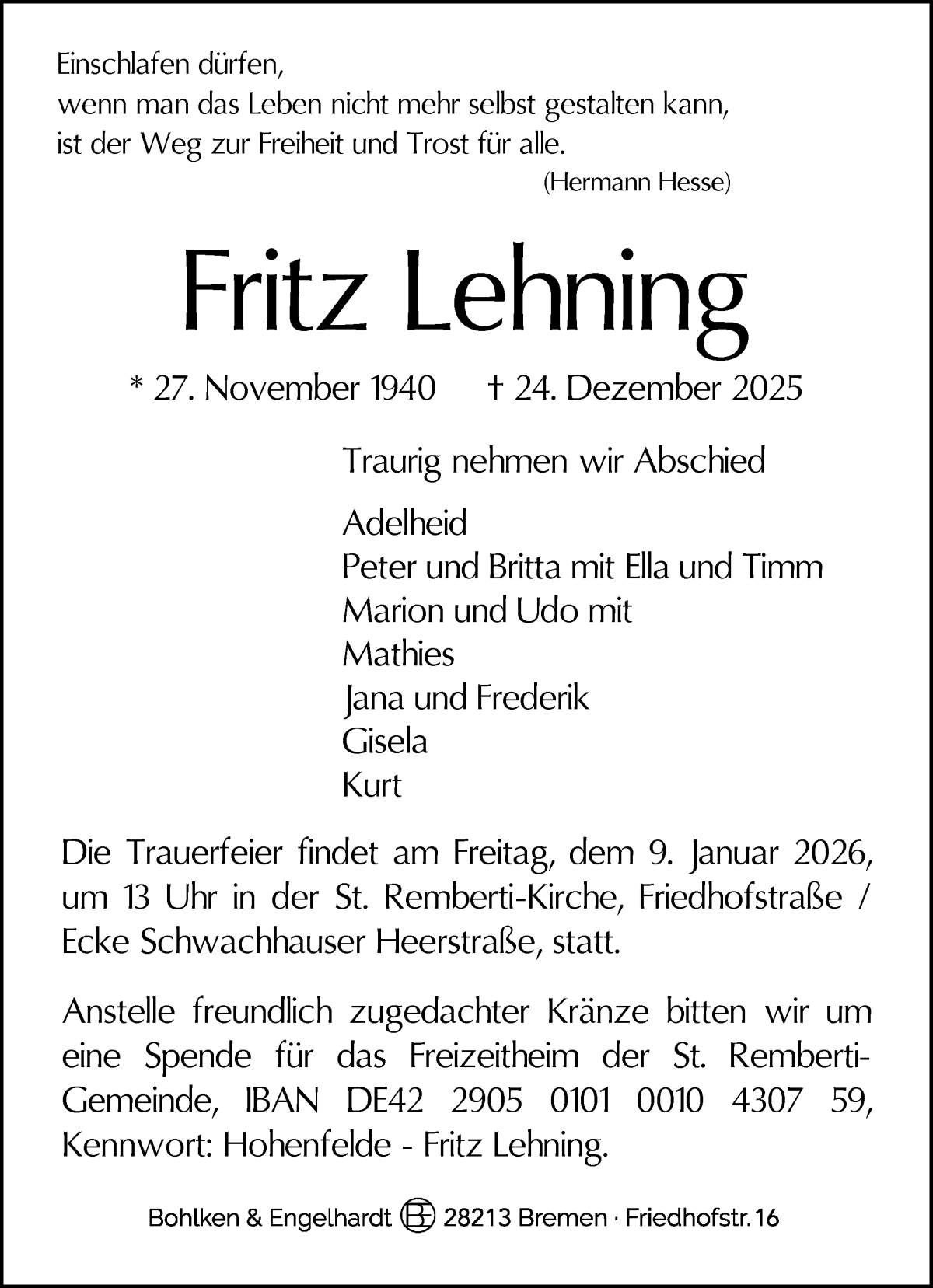  Traueranzeige für Fritz Lehning vom 03.01.2026 aus WESER-KURIER