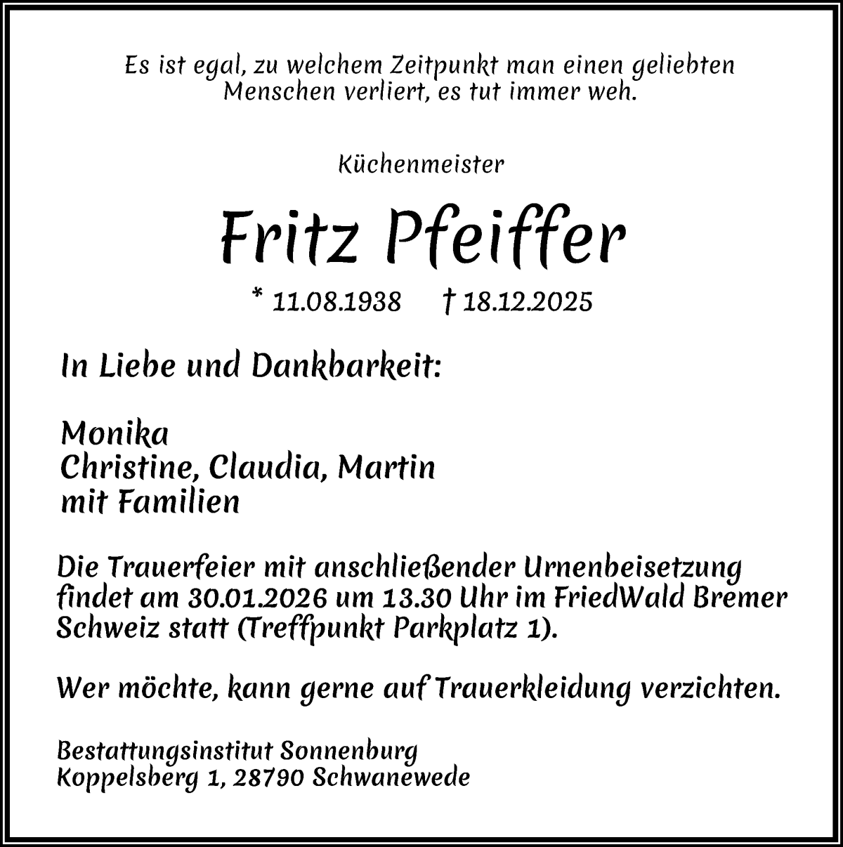 Traueranzeige von Fritz Pfeiffer von Die Norddeutsche