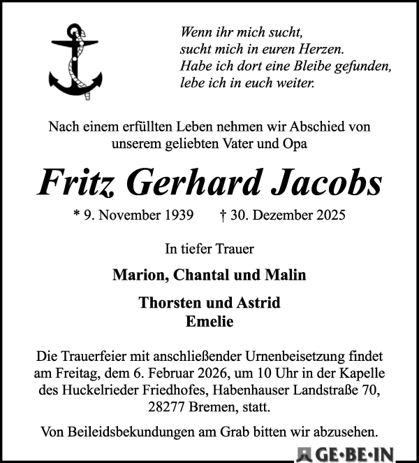 Traueranzeige von Fritz Gerhard Jacobs von WESER-KURIER