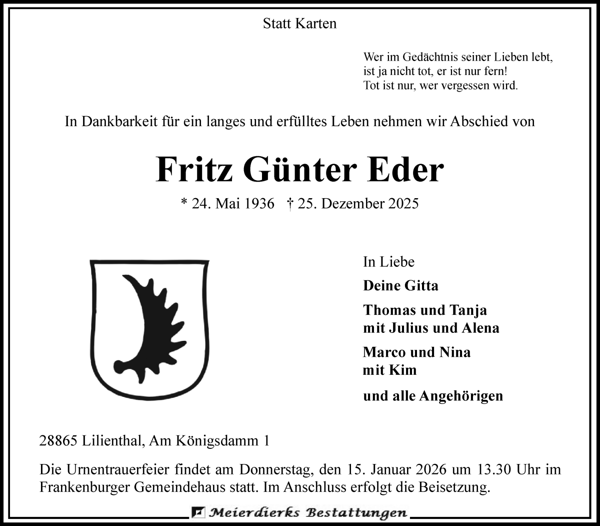 Traueranzeige von Fritz Günter Eder von Wuemme Zeitung