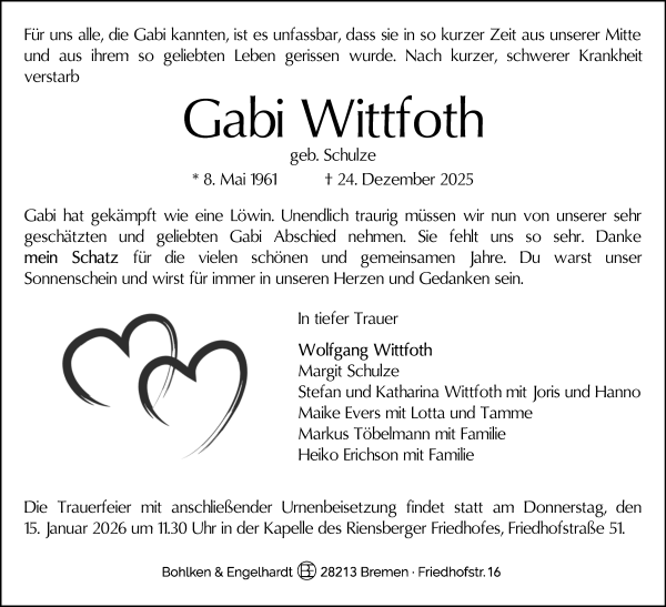 Traueranzeige von Gabi Wittfoth von WESER-KURIER