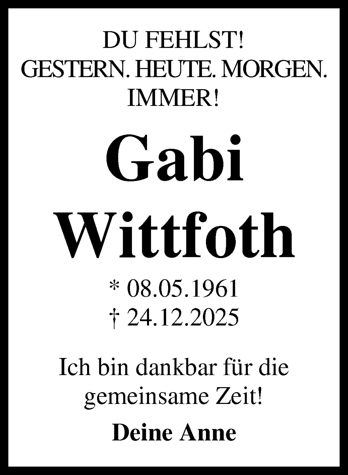  Traueranzeige für Gabi Wittfoth vom 03.01.2026 aus WESER-KURIER