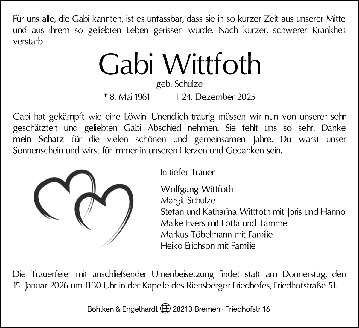  Traueranzeige für Gabi Wittfoth vom 03.01.2026 aus WESER-KURIER