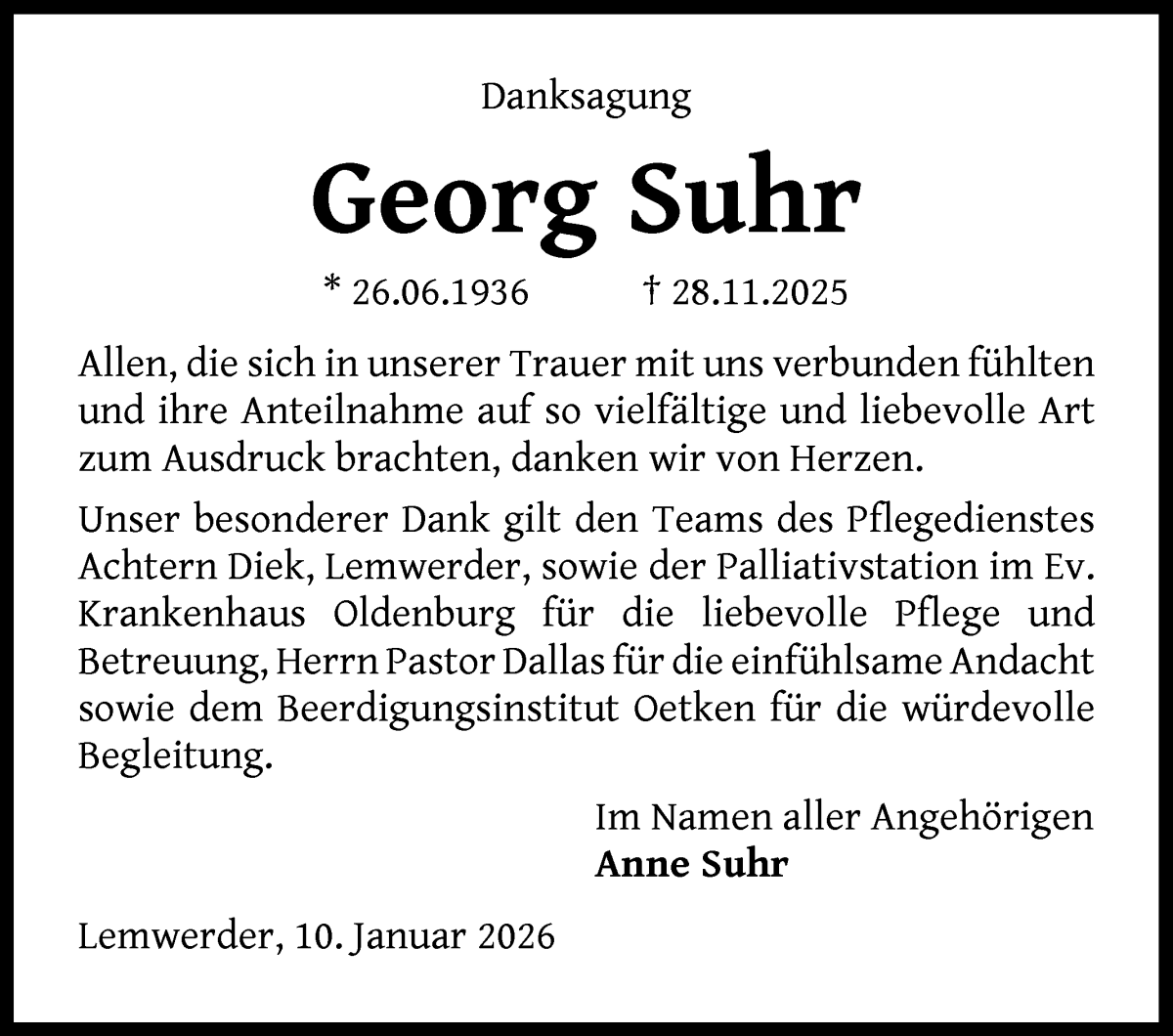 Traueranzeige von Georg Suhr von Die Norddeutsche