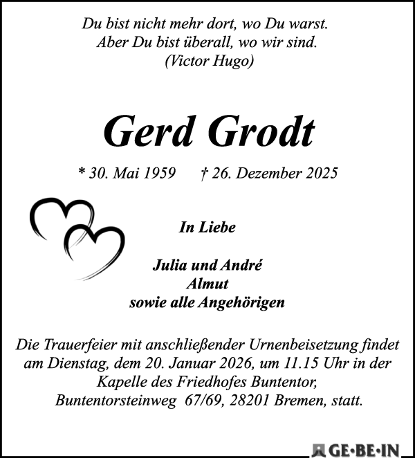 Traueranzeige von Gerd Grodt von WESER-KURIER