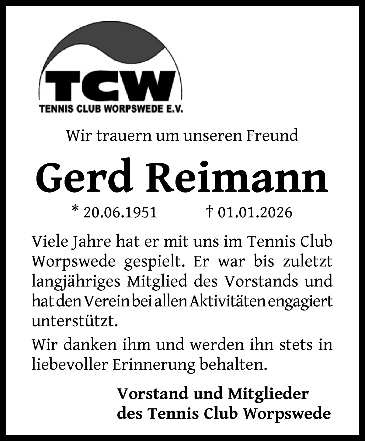Traueranzeige von Gerd Reimann von Wuemme Zeitung
