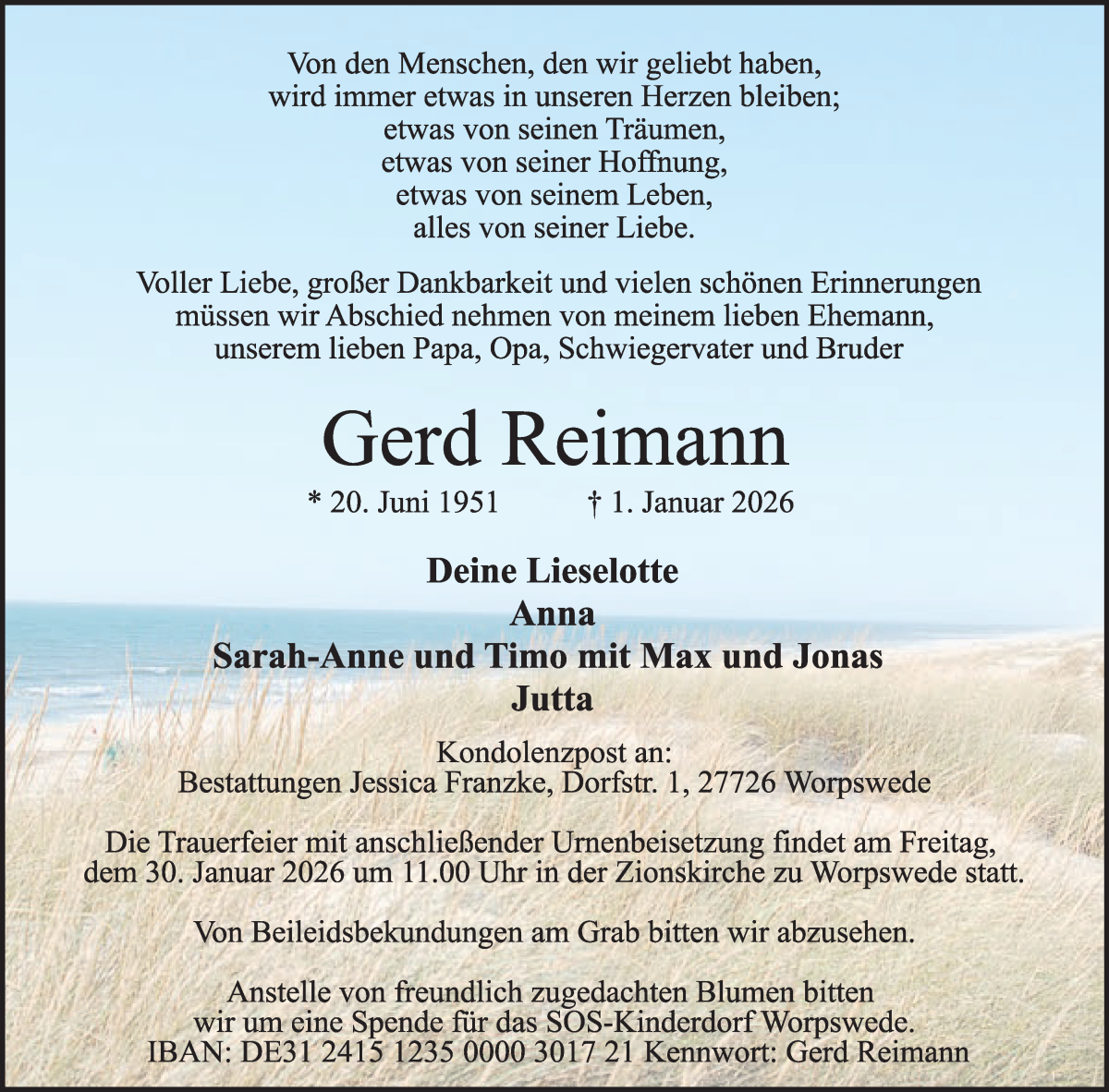 Traueranzeige von Gerd Reimann von Wuemme Zeitung