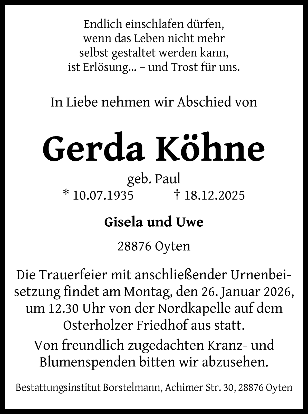 Traueranzeige von Gerda Köhne von WESER-KURIER