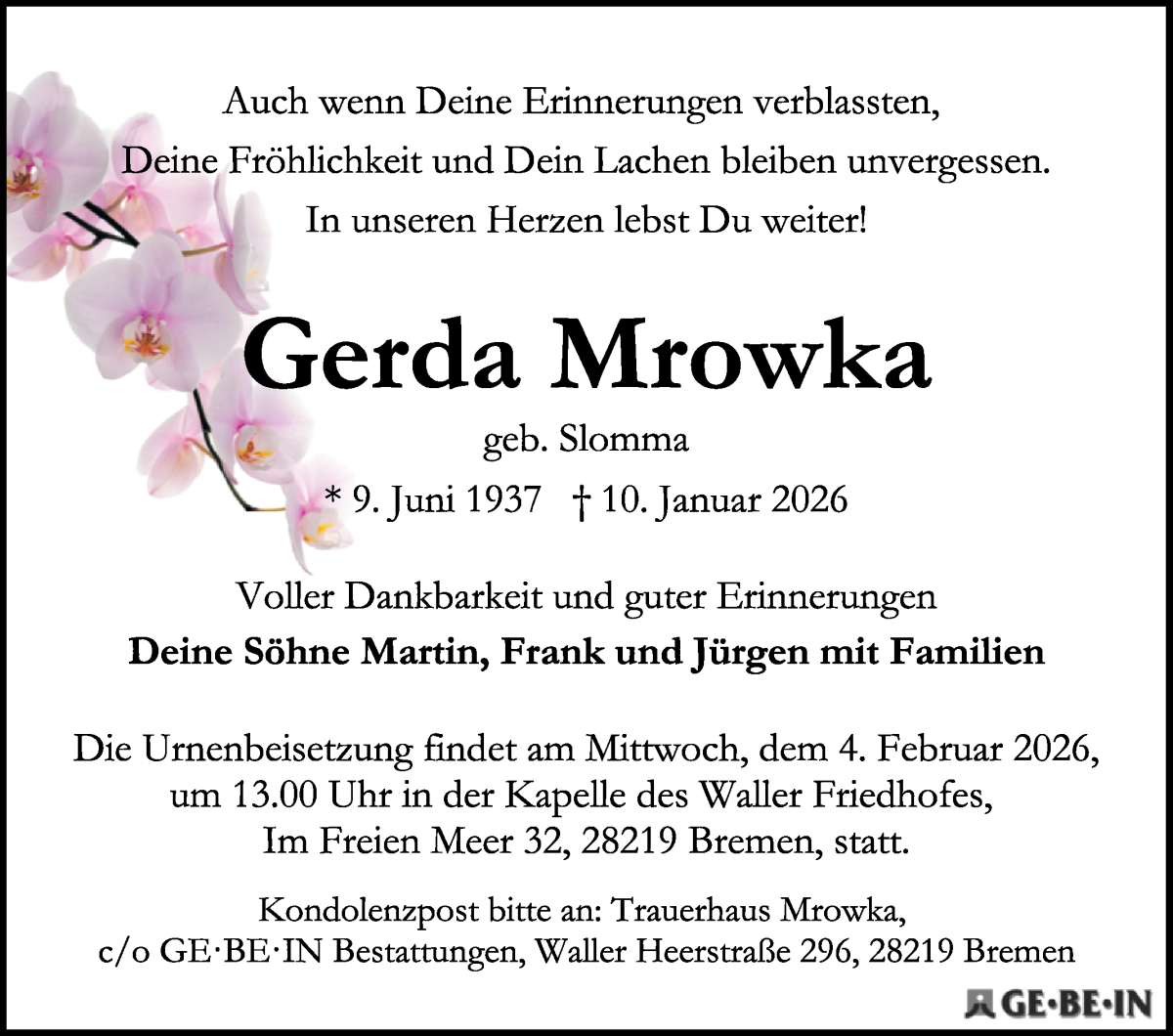 Traueranzeige von Gerda Mrowka von WESER-KURIER