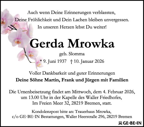 Traueranzeige von Gerda Mrowka von WESER-KURIER