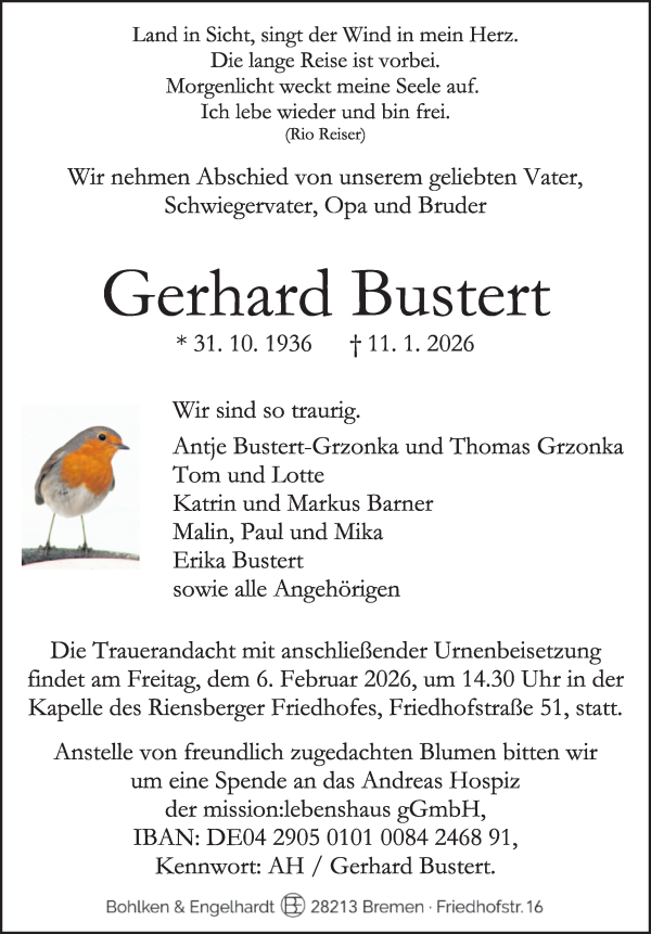 Traueranzeige von Gerhard Bustert von WESER-KURIER
