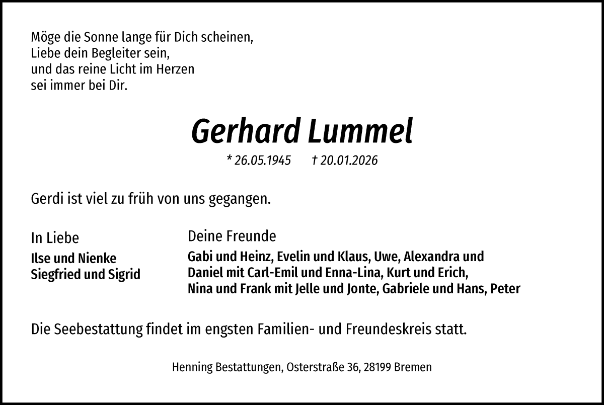 Traueranzeige von Gerhard Lummel von WESER-KURIER