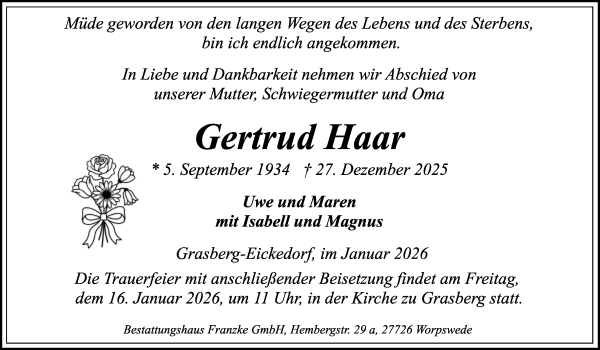 Traueranzeige von Gertrud Haar von Wuemme Zeitung