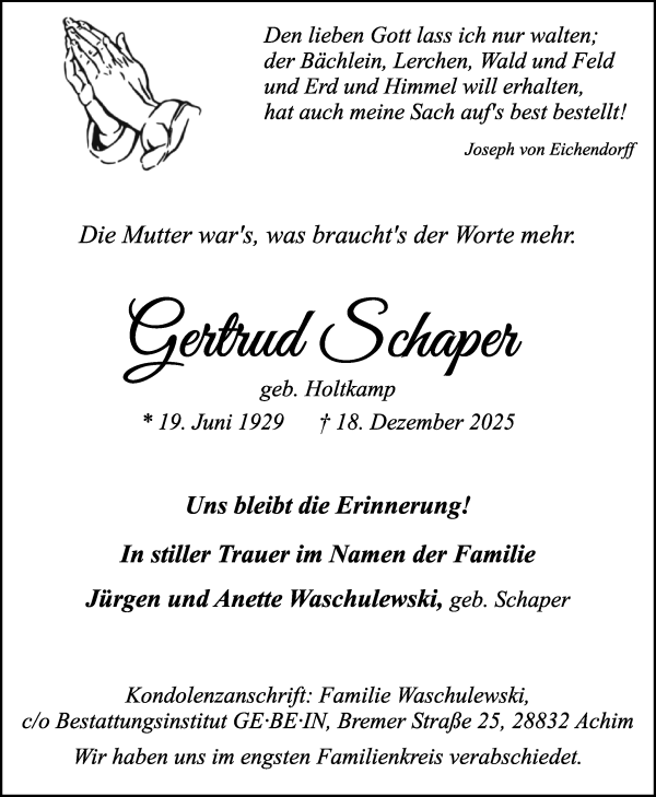Traueranzeige von Gertrud Schaper von WESER-KURIER