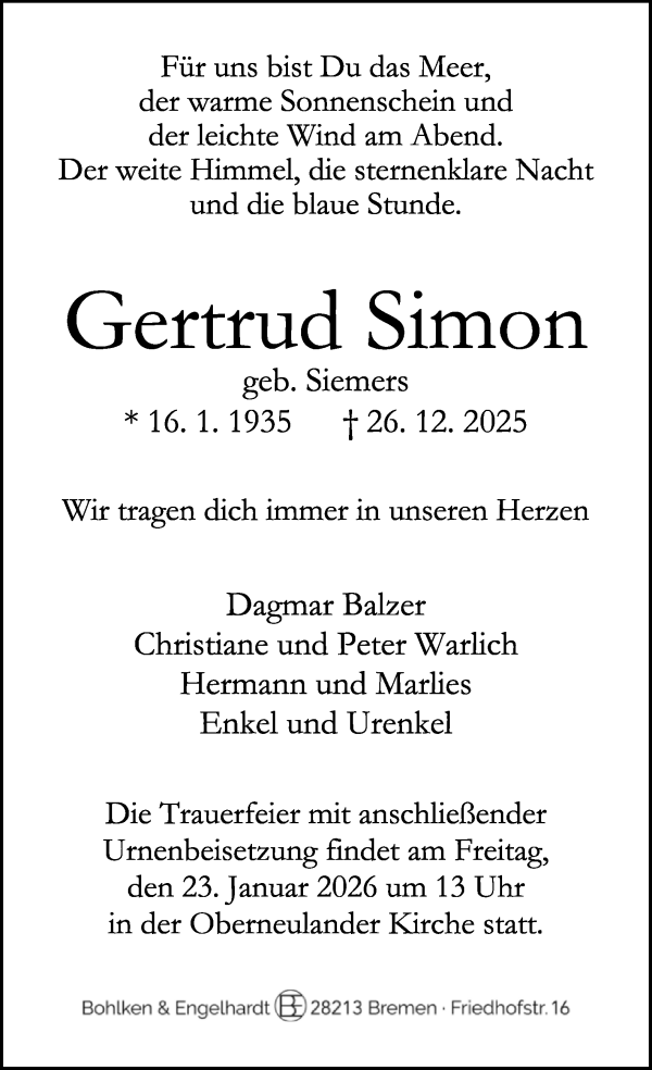 Traueranzeige von Gertrud Simon von WESER-KURIER