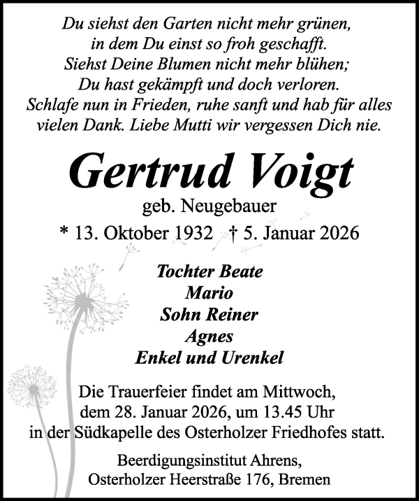 Traueranzeige von Gertrud Voigt von WESER-KURIER