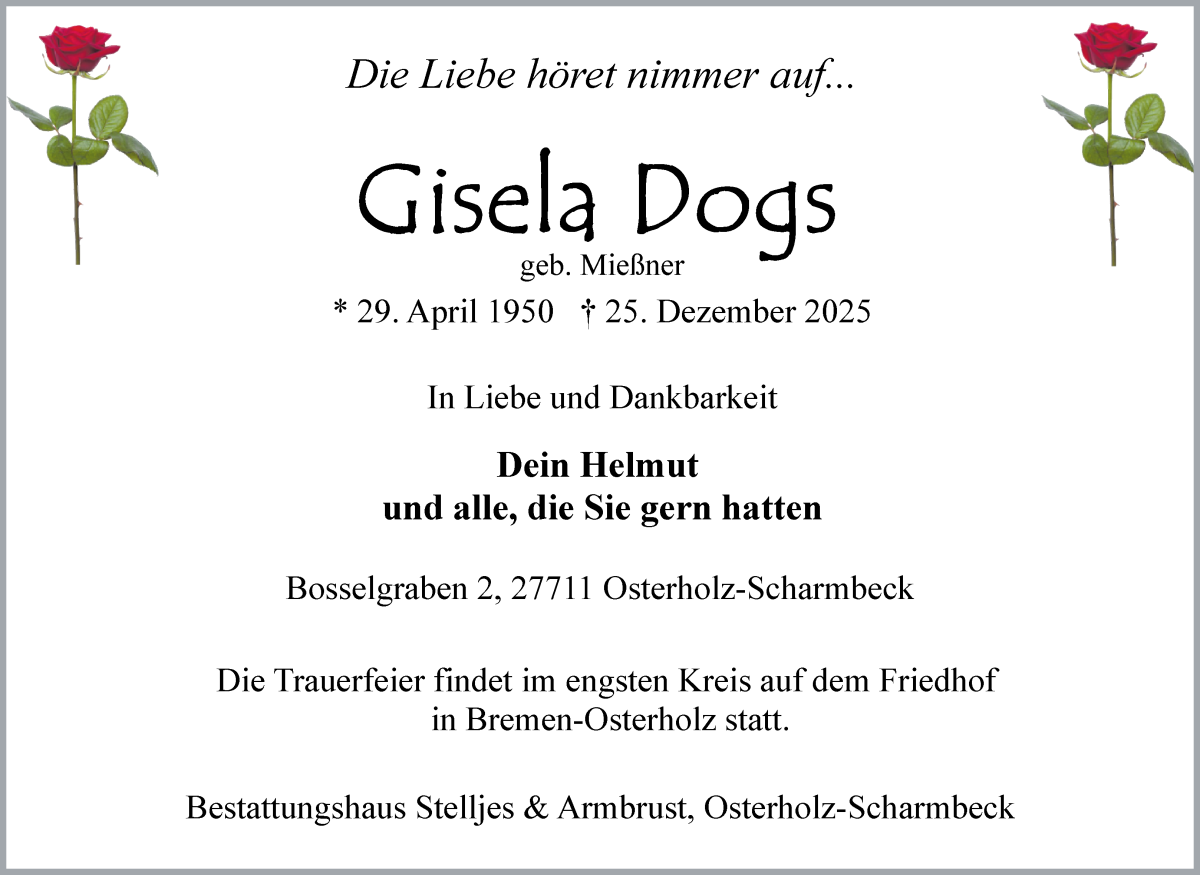 Traueranzeige von Gisela Dogs von Osterholzer Kreisblatt