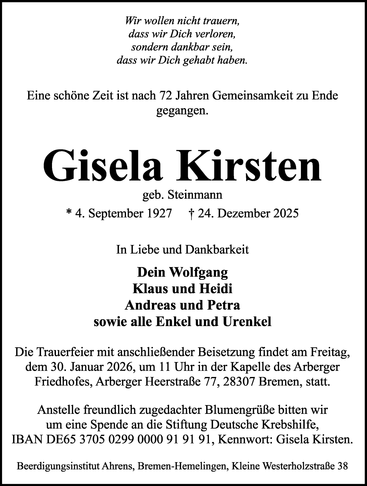 Traueranzeige von Gisela Kirsten von WESER-KURIER