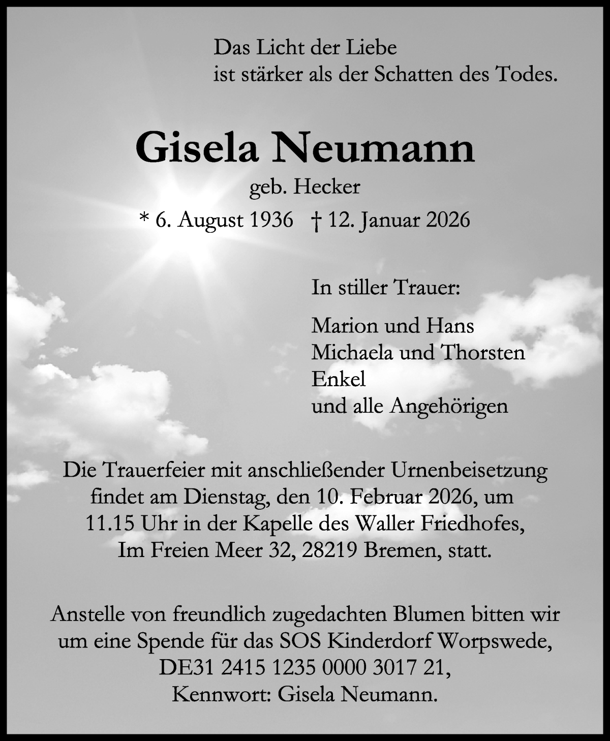 Traueranzeige von Gisela Neumann von WESER-KURIER