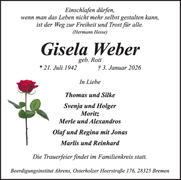 Traueranzeige von Gisela Weber von WESER-KURIER