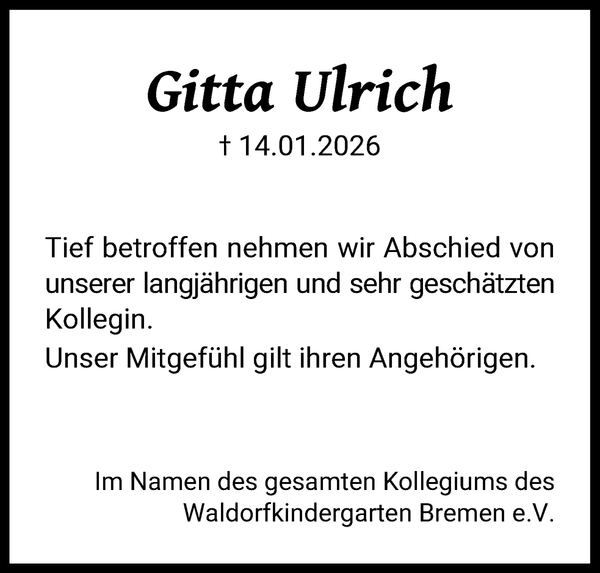 Traueranzeige von Gitta Ulrich von WESER-KURIER