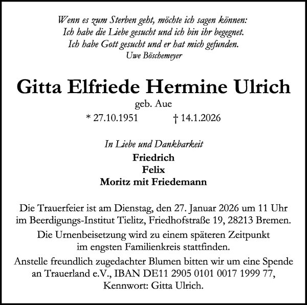 Traueranzeige von Gitta Elfriede Hermine Ulrich von WESER-KURIER