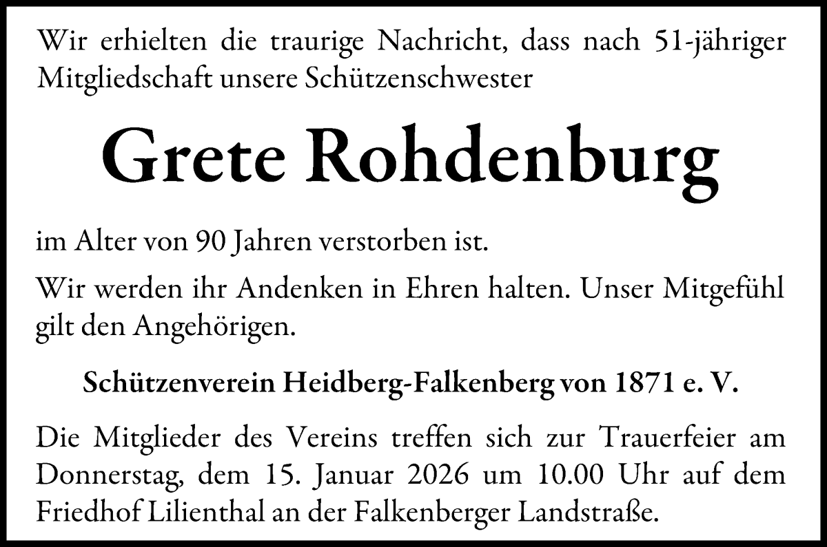 Traueranzeige von Grete Rohdenburg von Wuemme Zeitung