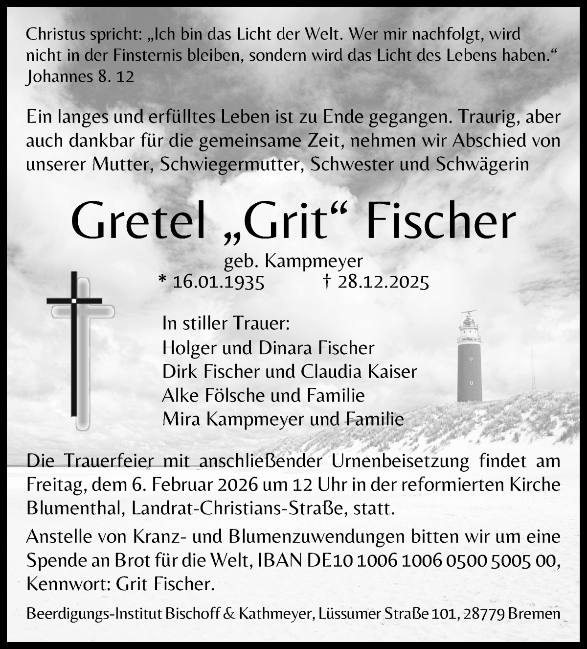Traueranzeige von Gretel Fischer von Die Norddeutsche