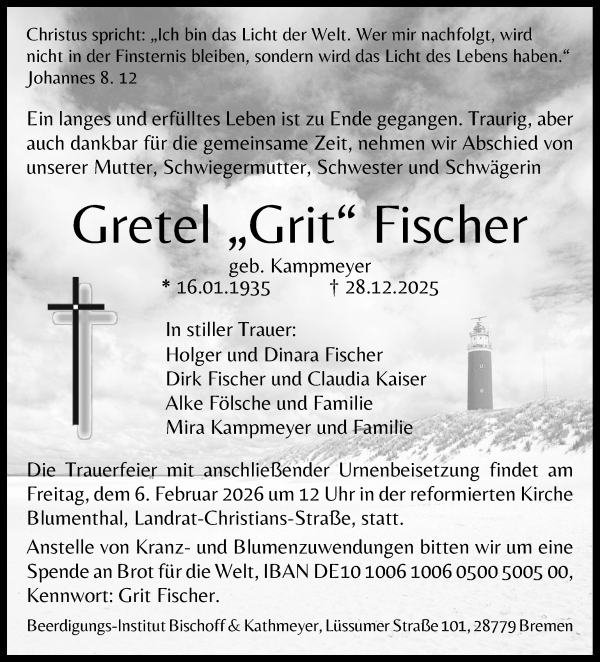 Traueranzeige von Gretel Fischer von Die Norddeutsche