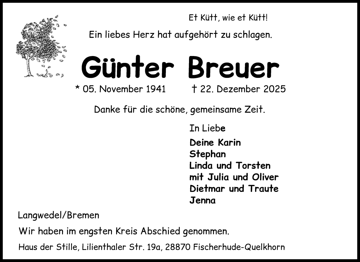 Traueranzeige von Günter Breuer von WESER-KURIER