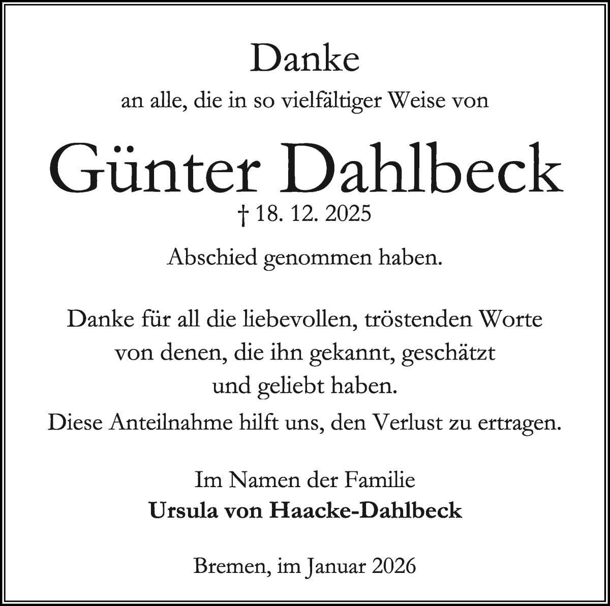 Traueranzeige von Günter Dahlbeck von WESER-KURIER