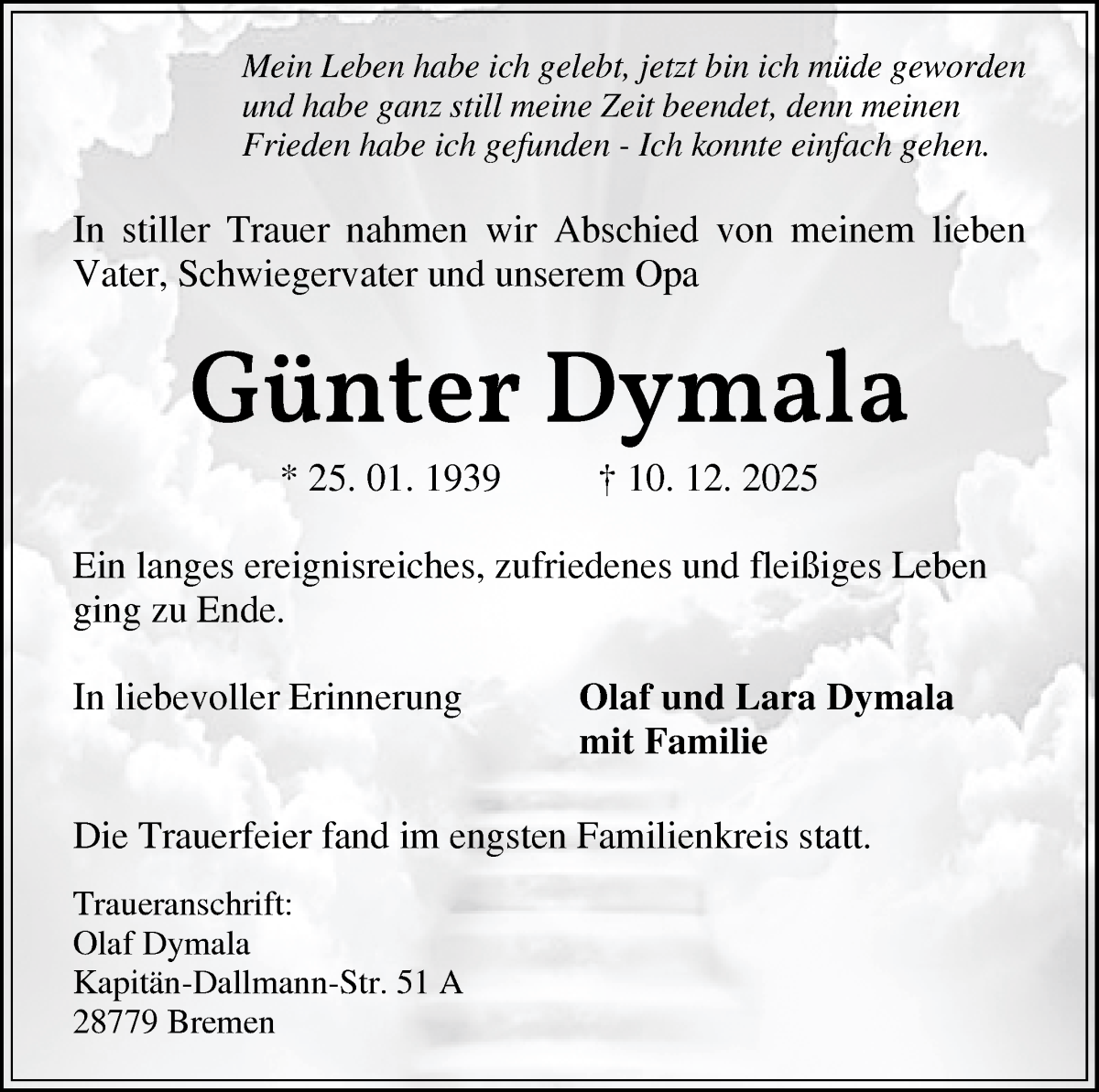 Traueranzeige von Günter Dymala von Die Norddeutsche