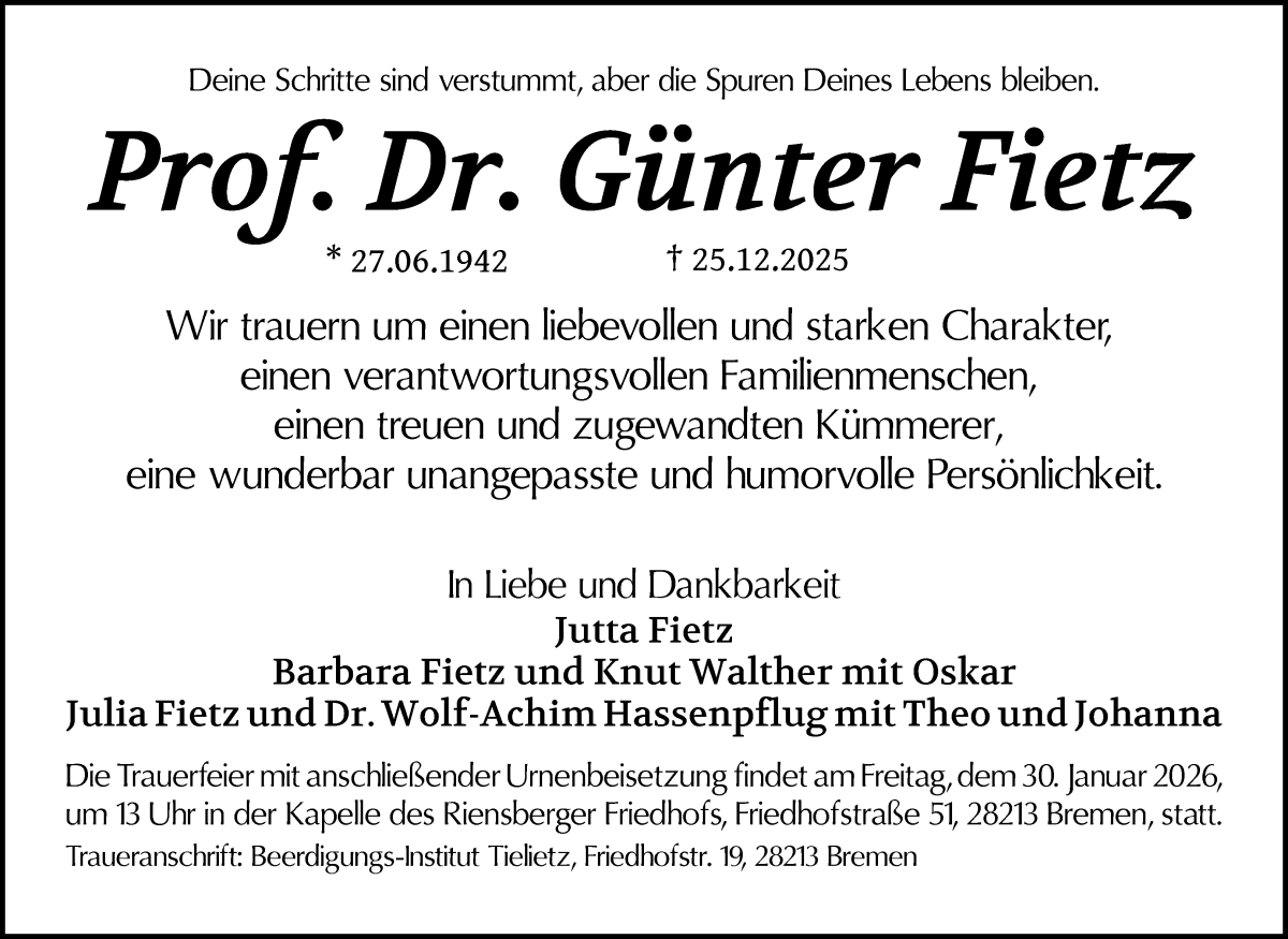 Traueranzeige von Günter Fietz von WESER-KURIER