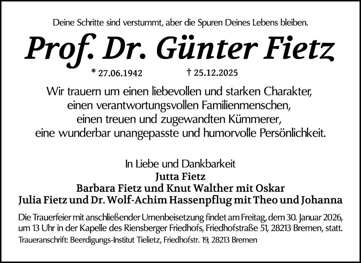 Traueranzeige von Günter Fietz von WESER-KURIER