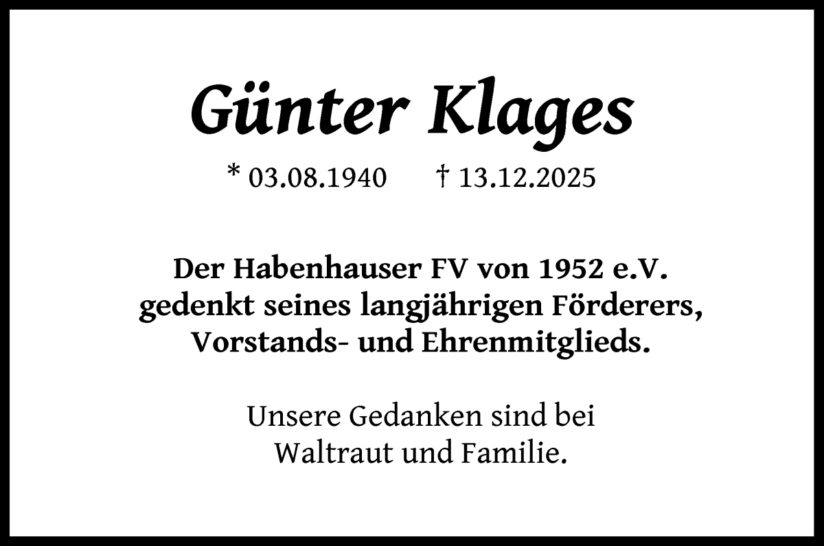 Traueranzeige von Günter Klages von WESER-KURIER
