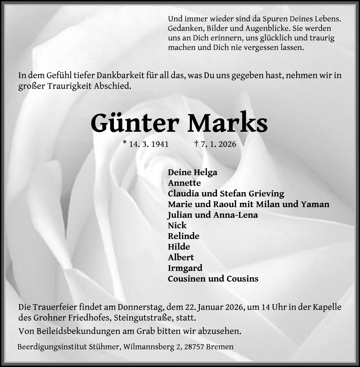 Traueranzeige von Günter Marks von Die Norddeutsche