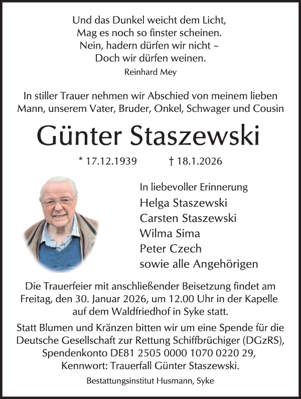 Traueranzeige von Günter Staszewski von WESER-KURIER