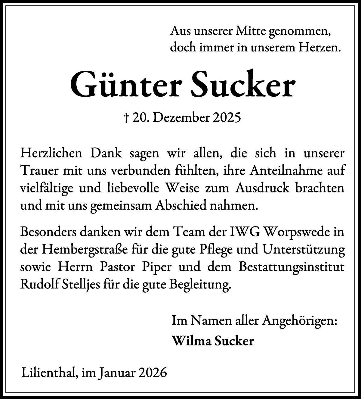 Traueranzeige von Günter Sucker von Wuemme Zeitung