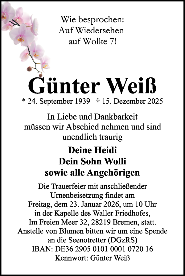 Traueranzeige von Günter Weiß von WESER-KURIER