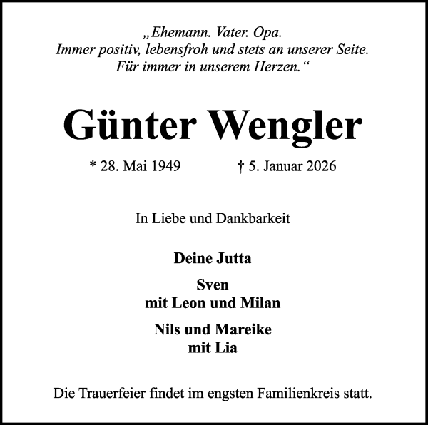 Traueranzeige von Günter Wengler von WESER-KURIER