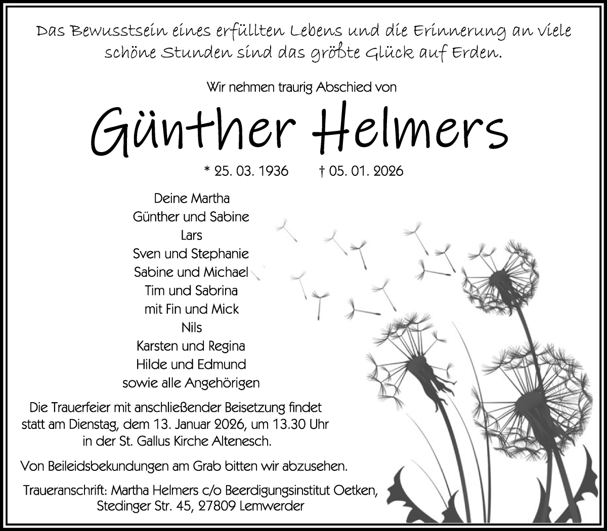 Traueranzeige von Günther Helmers von Die Norddeutsche