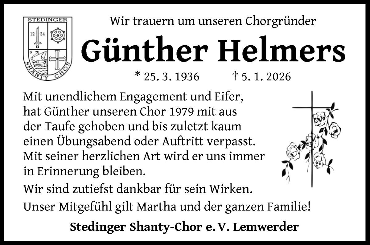 Traueranzeige von Günther Helmers von Die Norddeutsche