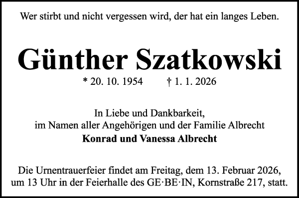 Traueranzeige von Günther Szatkowski von WESER-KURIER