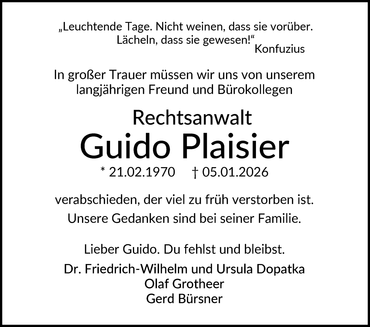 Traueranzeige von Guido Plaisier von WESER-KURIER