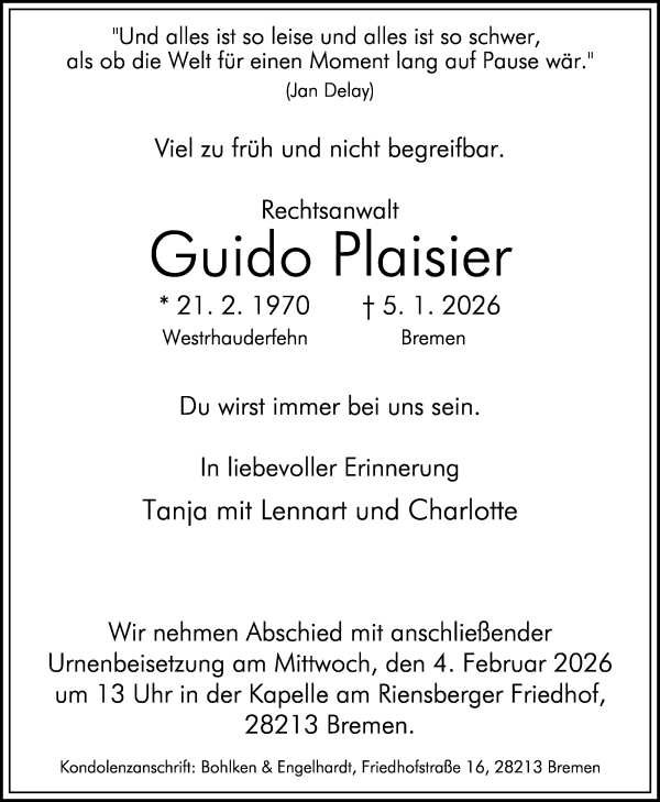 Traueranzeige von Guido Plaisier von WESER-KURIER
