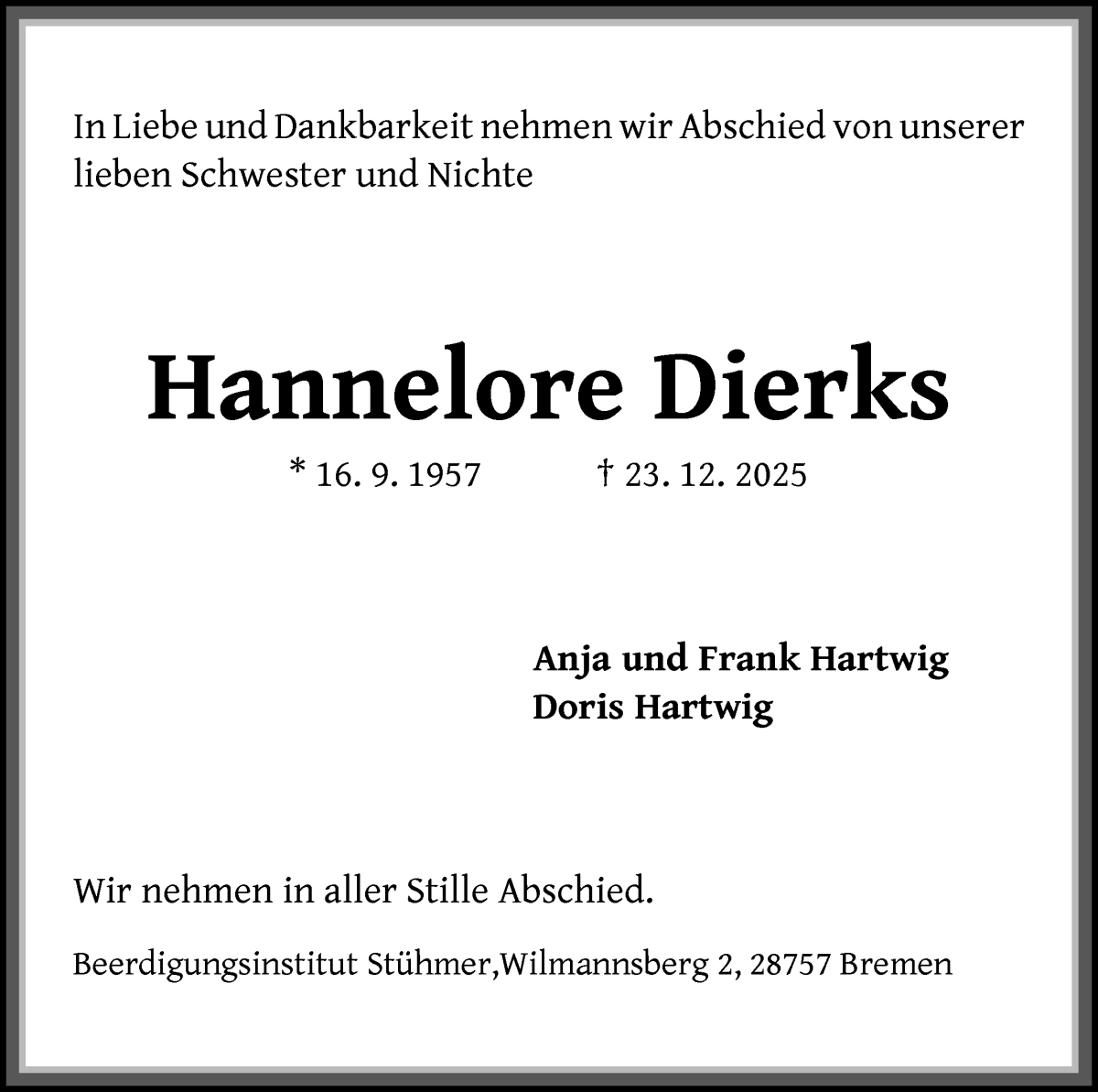 Traueranzeige von Hannelore Dierks von Die Norddeutsche