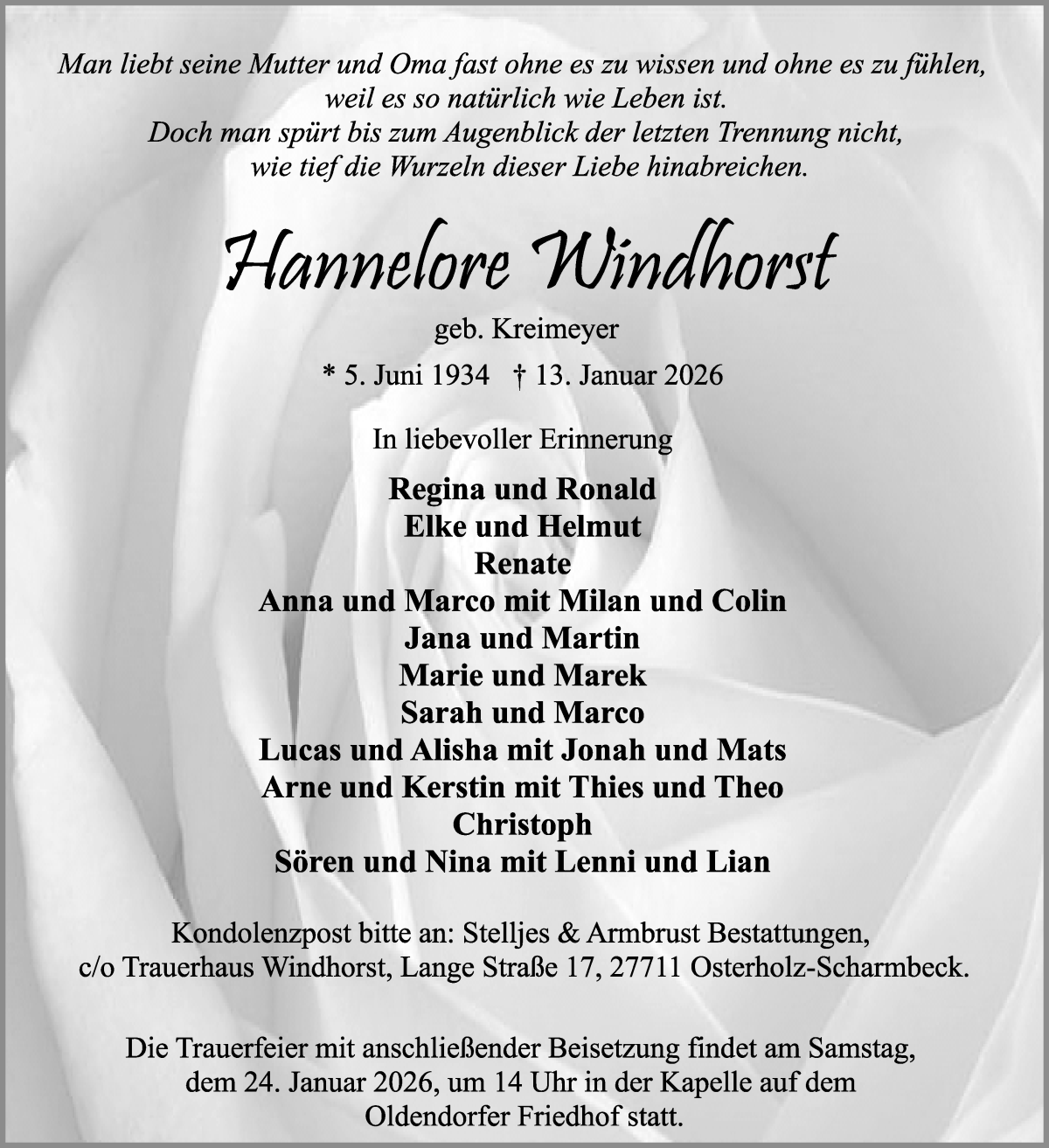 Traueranzeige von Hannelore Windhorst von Osterholzer Kreisblatt
