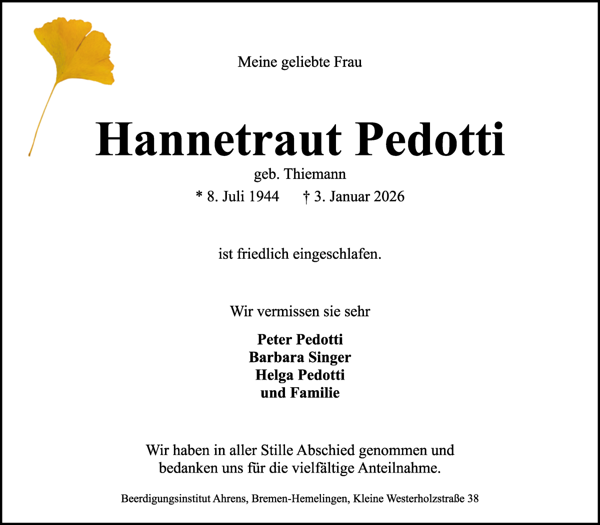 Traueranzeige von Hannetraut Pedotti von WESER-KURIER